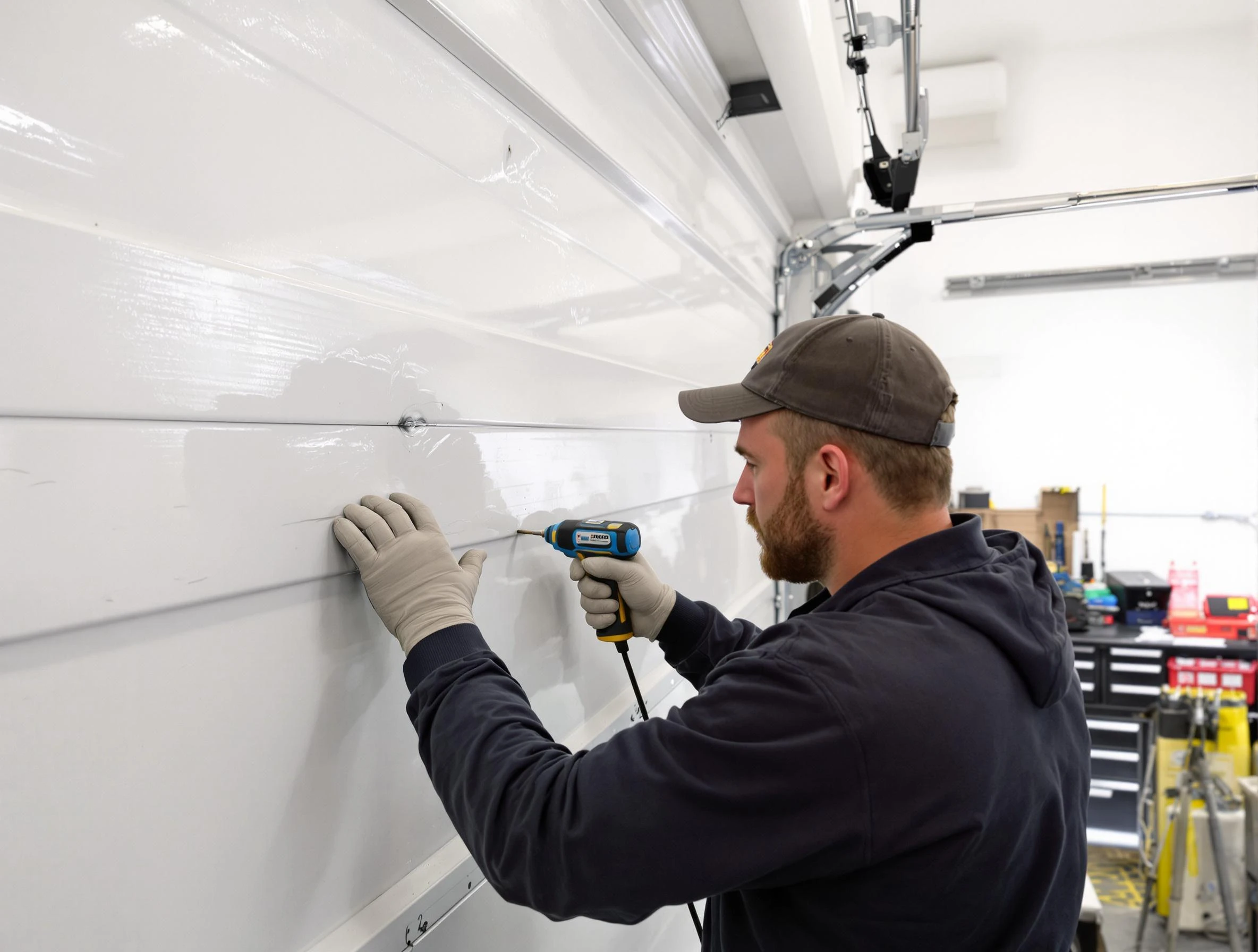 North Versailles Garage Door Repair technician demonstrating precision dent removal techniques on a North Versailles garage door